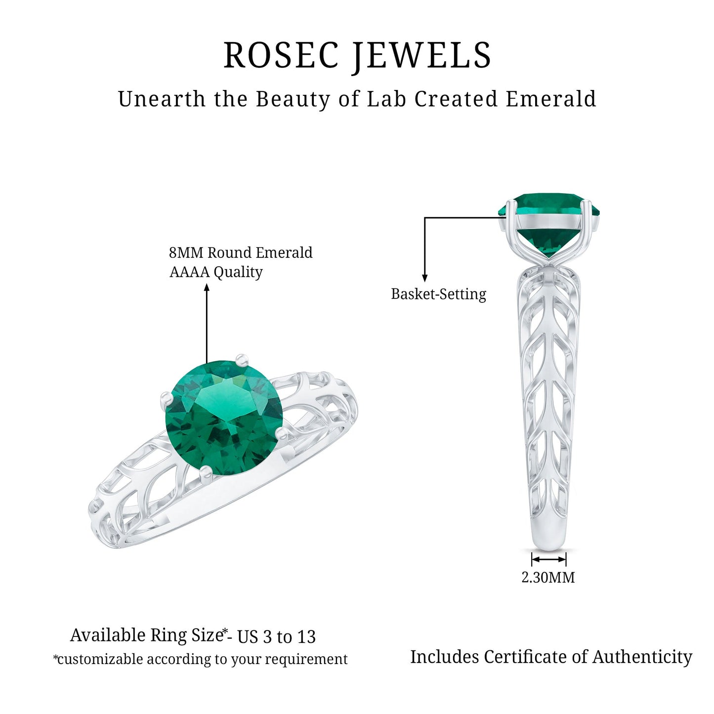 Certified Solitaire Lab Grown Emerald Engagement Ring with Filigree Details