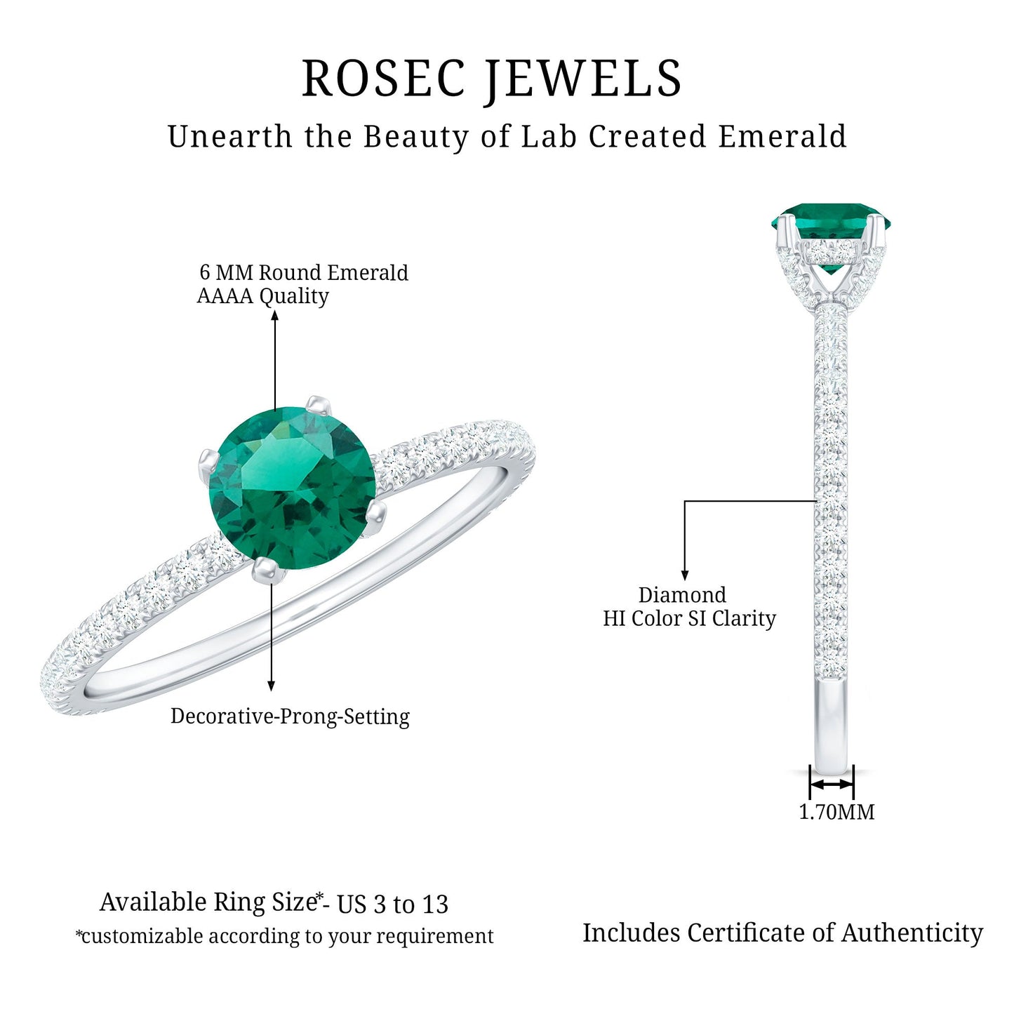 Certified Lab Grown Emerald Solitaire Engagement Ring with Diamond