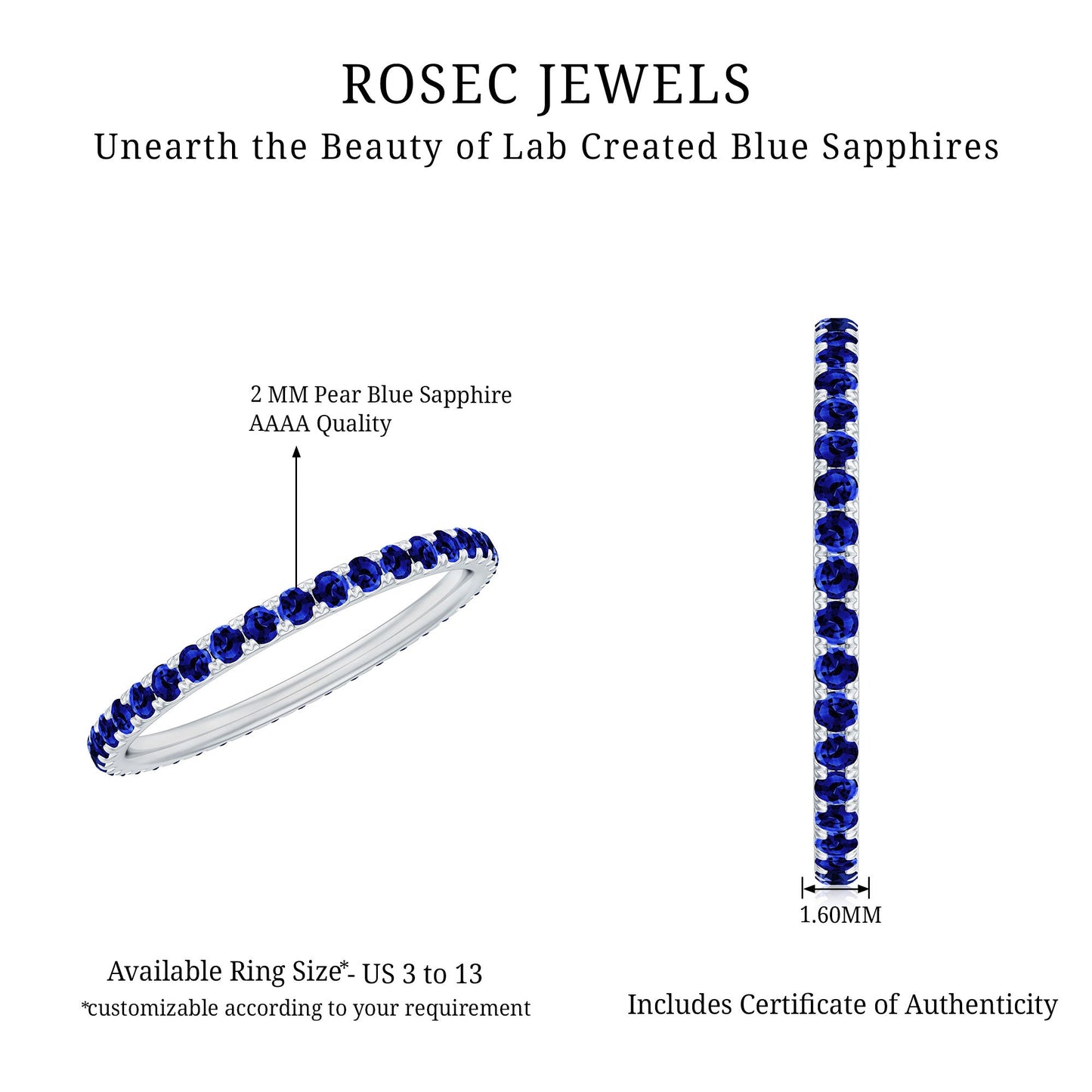 Certified Lab Created Blue Sapphire Full Eternity Stackable Ring