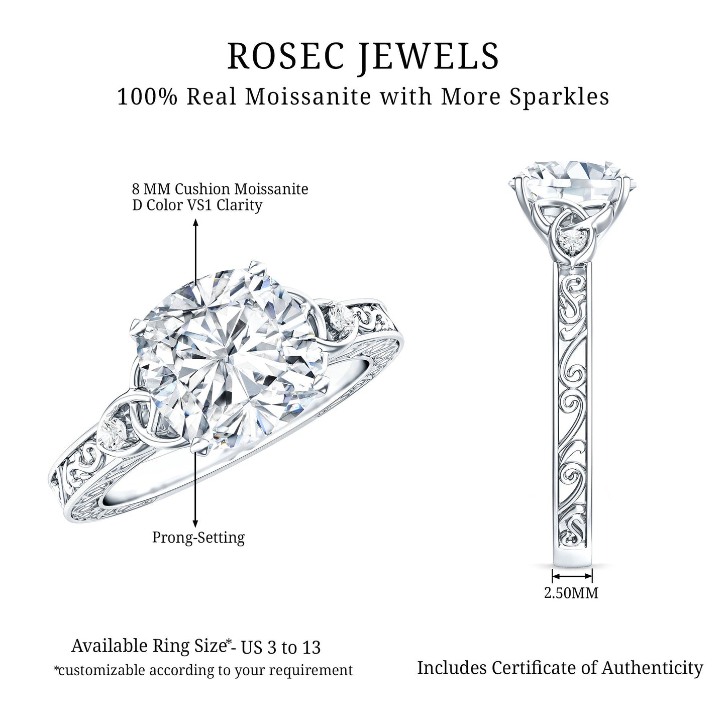 Cushion Cut Moissanite Antique Style Engagement Ring
