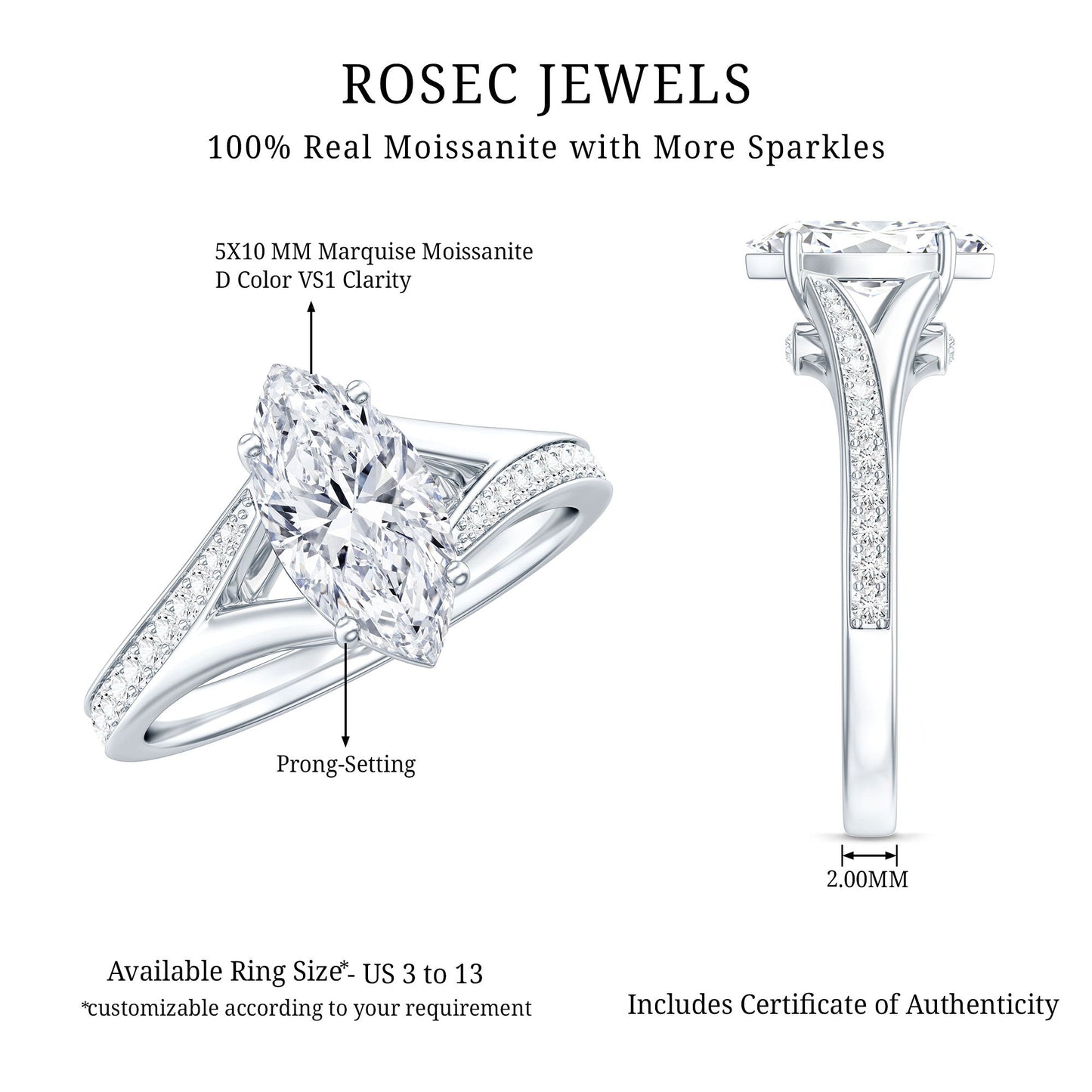 Marquise Cut Moissanite Solitaire Engagement Ring with Split Shank