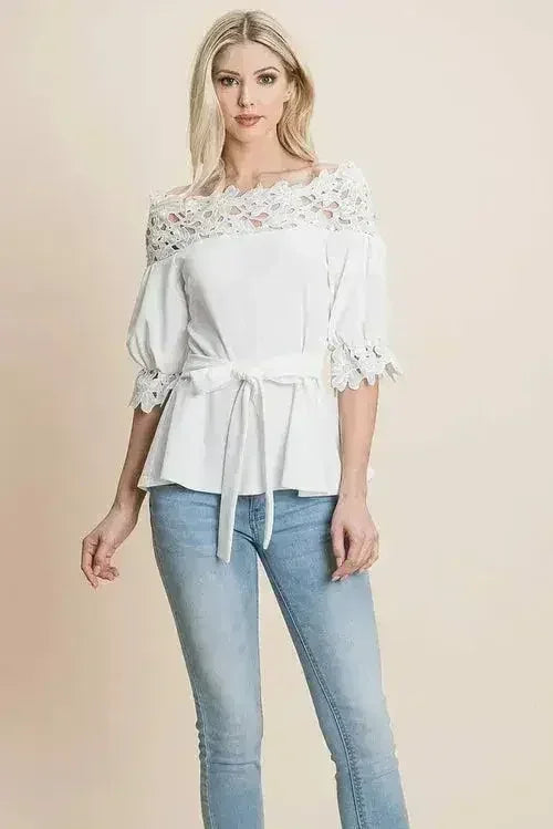 Lace Crochet Self Belted Off The Shoulder Tops with Back Zipper