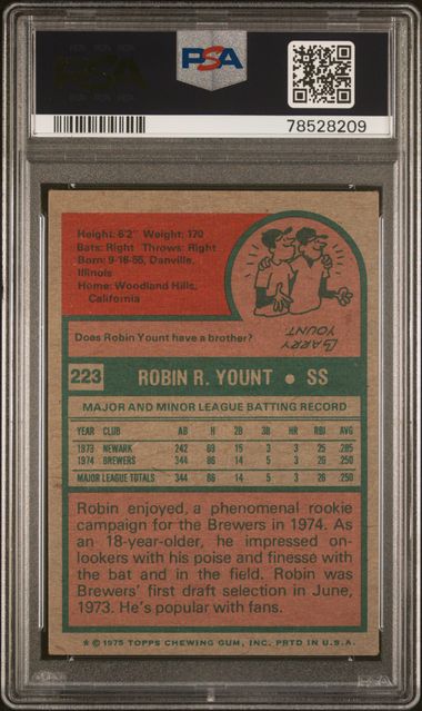 Graded 1975 Topps Robin Yount #BREWERS Autographed Rookie RC Baseball Card PSA 10 Auto