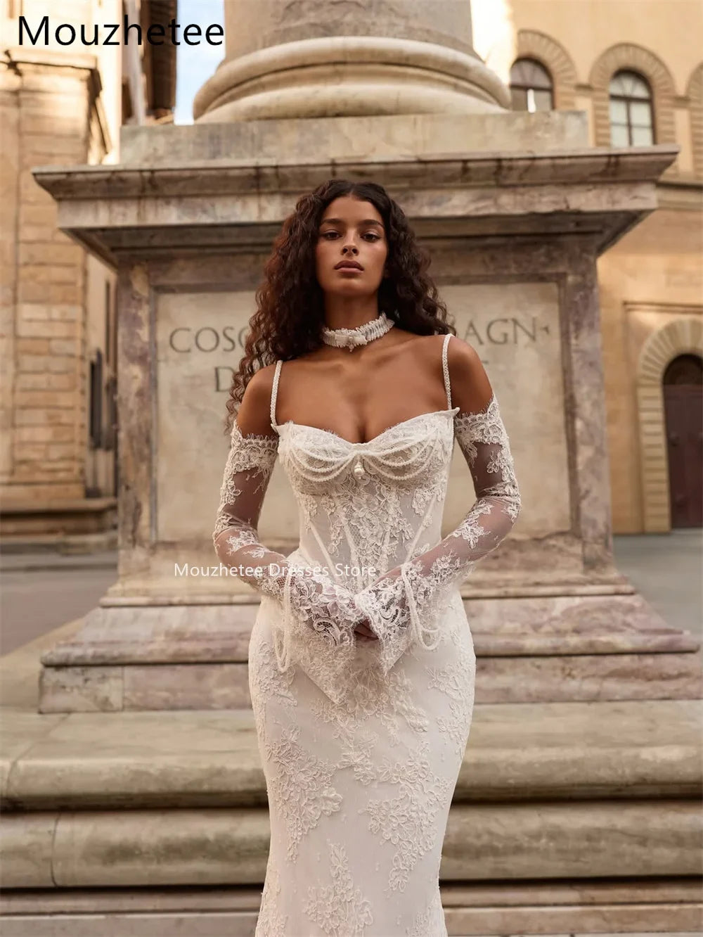 Mouzhetee Mermaid Elegant Pearls Lace Strapless Wedding Dresses Simple Sleeveless Brides Gown Custom Made 2026