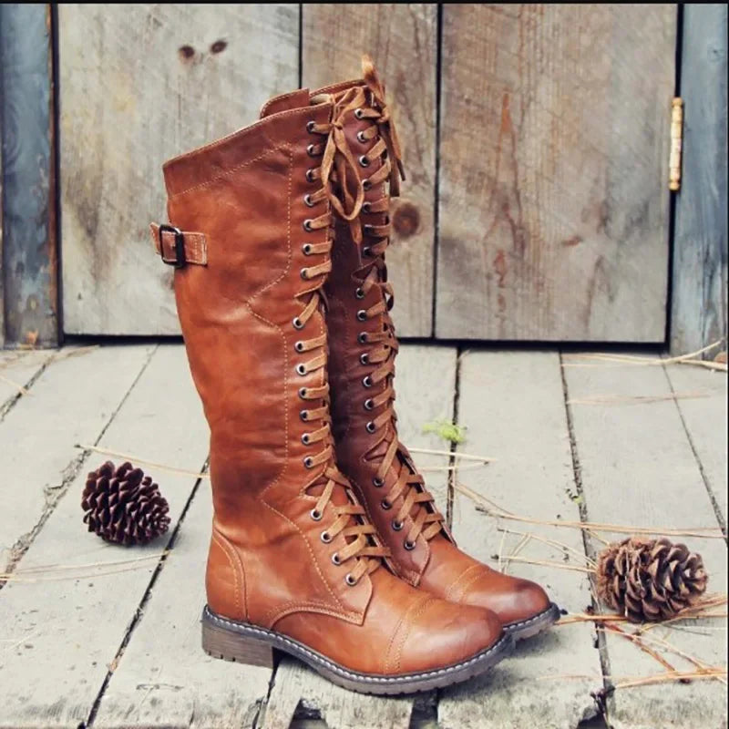 Women Knee High Boots Autumn Winter Lace Up Flat Shoes Sexy PU Leather Shoes Retro Buckle Women Shoes Fashion Black Knight Boots