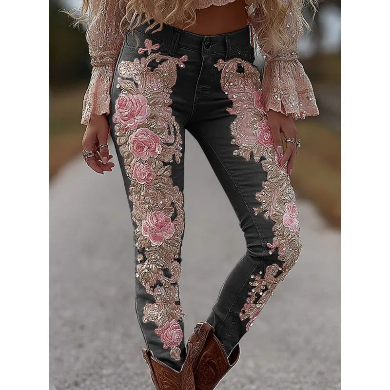 3D Floral Women's Straight Leg Jeans Fashionable and Casual Stretch