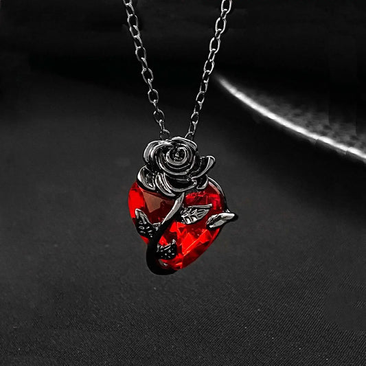 Dark Red Crystal Rose Flower Pendant Necklace for Women Men Gothic Punk Zircon Love Heart Chokers Neck Jewelry Personalized Gift