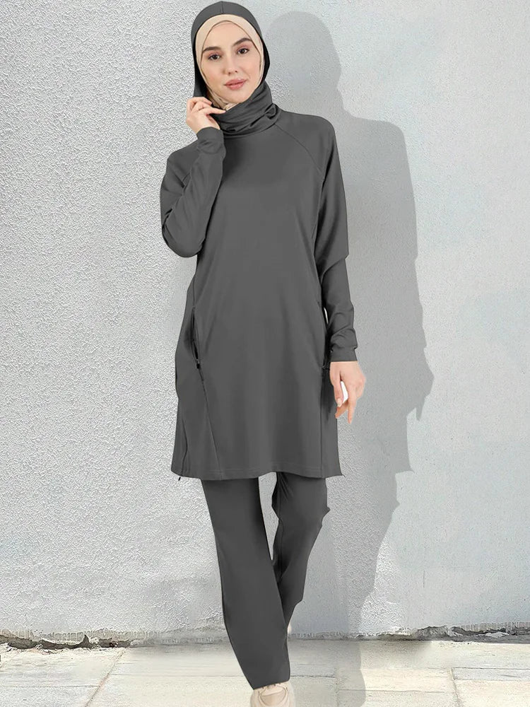Sporty Muslim Sportswear Women Set Plain Islamic Pants Tops(contain Hijab)