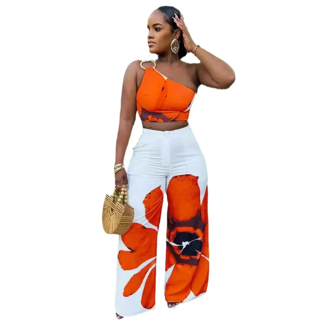 Women Set Floral Print Sleeveless Skew Collar Tops +Wide Leg Pants Two 2 Piece Set Outfit Summer Street Tracksuit