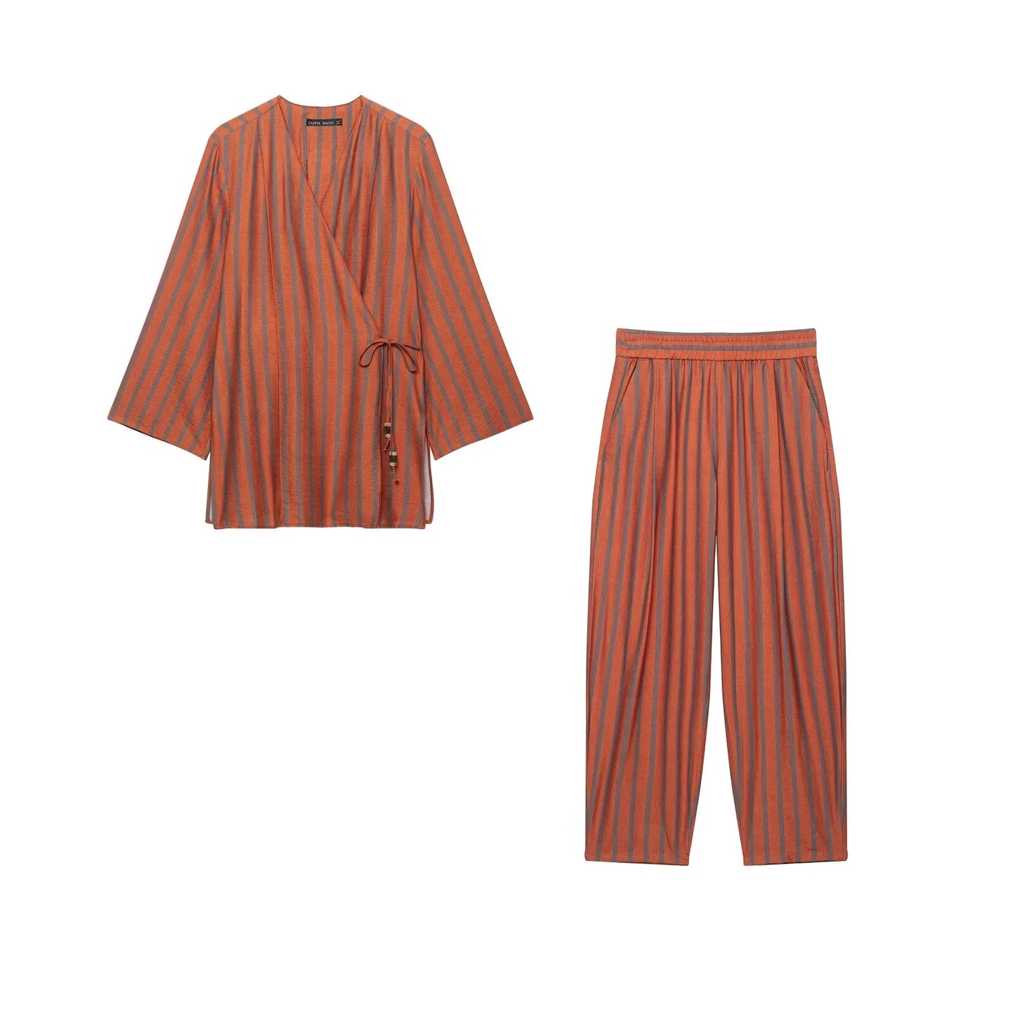 KLKXMYT Women's Vintage Stripe Pants Set Long Sleeve Tied Shirt Tops Suits 2026 Autumn Casual 2 Pieces Set Women 