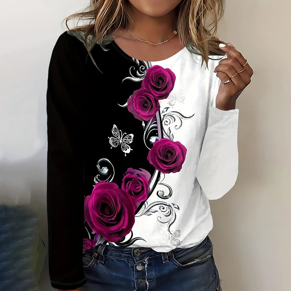 Women's Casual O-neck T-shirt Black and White Rose Print Long Sleeve T-shirt Loose Clothes Ladies Home Clothes Fashion Print