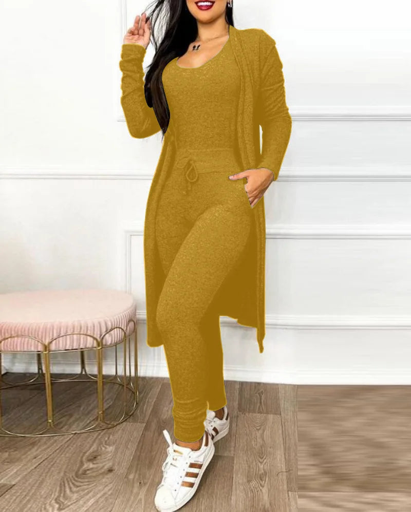 Jumpsuit & Coat Set Autumn Women Drawstring Pocket Pants Sets One