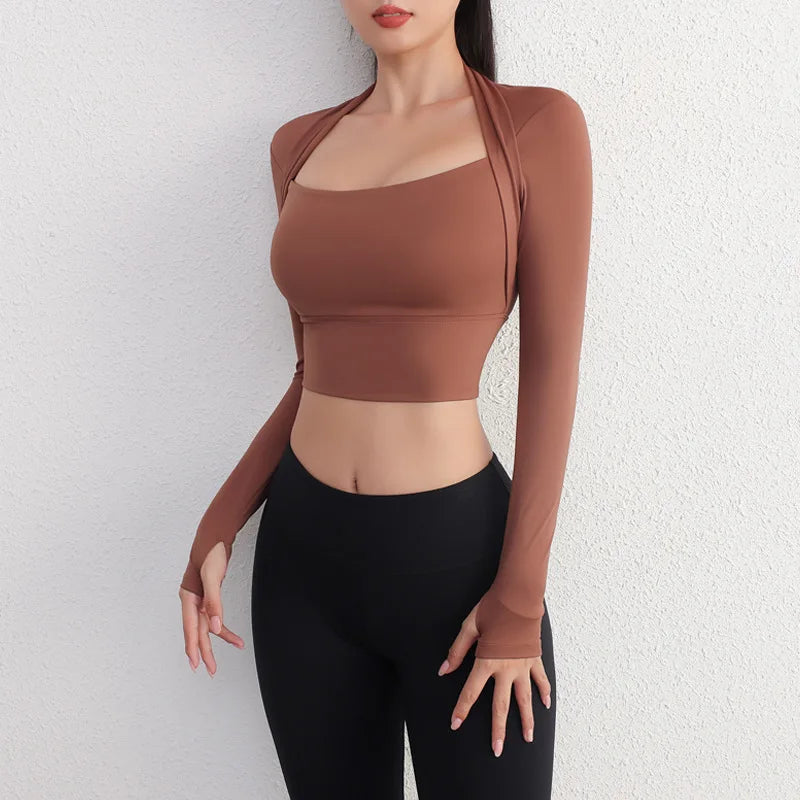 Padded Yoga Shirts Long Sleeve Crop Tops Low Cut Gym Shirt