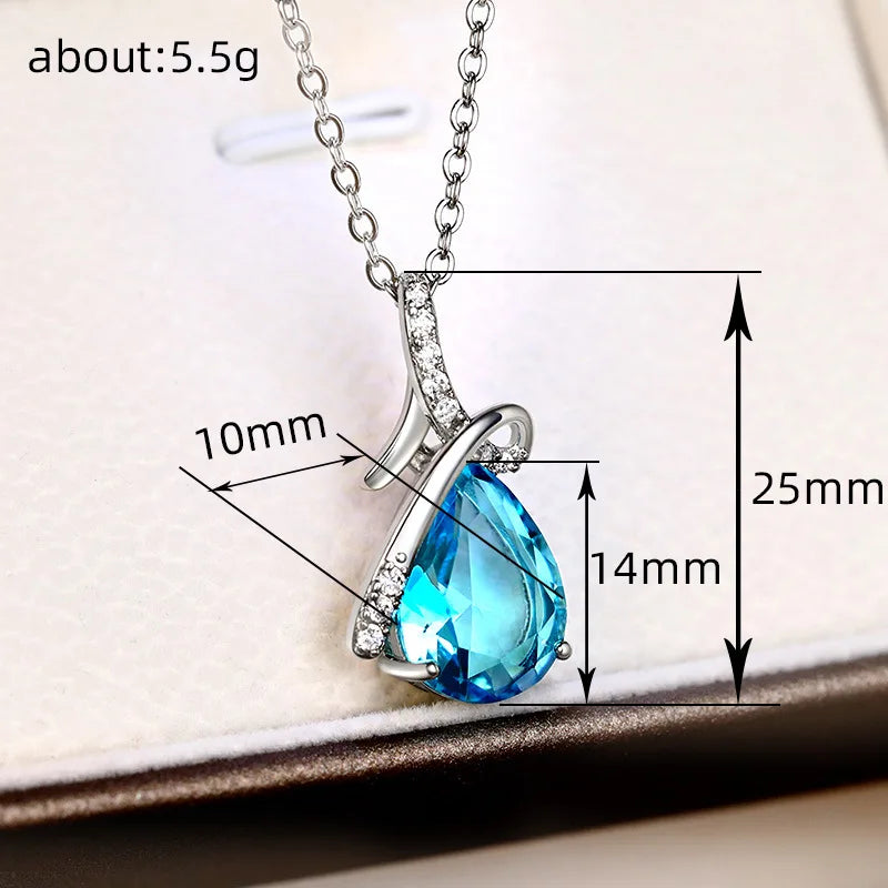 Huitan Elegant Women Pendant Necklace Fresh Style Wedding Anniversary Accessories Inlaid Shining Blue CZ Daily Trendy Jewelry
