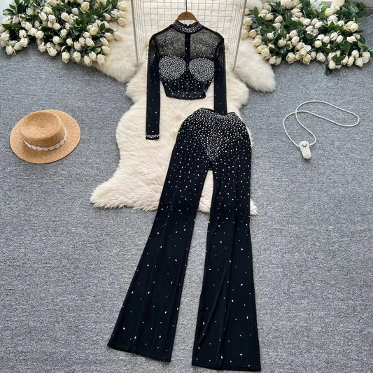 Fashion See Through Mesh Rhinestone Chic Long Sleeve Slim Short Top High Waist Wide Leg Pants Evening High Street Two-piece Sets