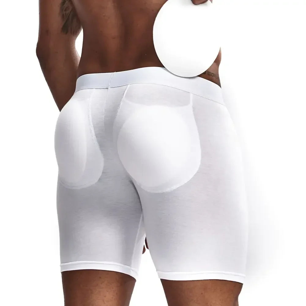Men Sexy Padded Long Boxer Underwear Butt-Enhancing Trunk with Removable Two Pads Butt Lifter Pouch Shorts Gay Male Panties