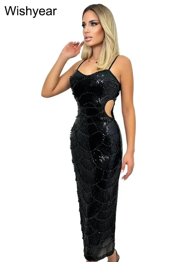 New Sequin Hollow Out Spaghetti Strap Backless Mermaid Long Dresses Women Elegant Celebrity Party Evening Wedding Bodycon Gowns