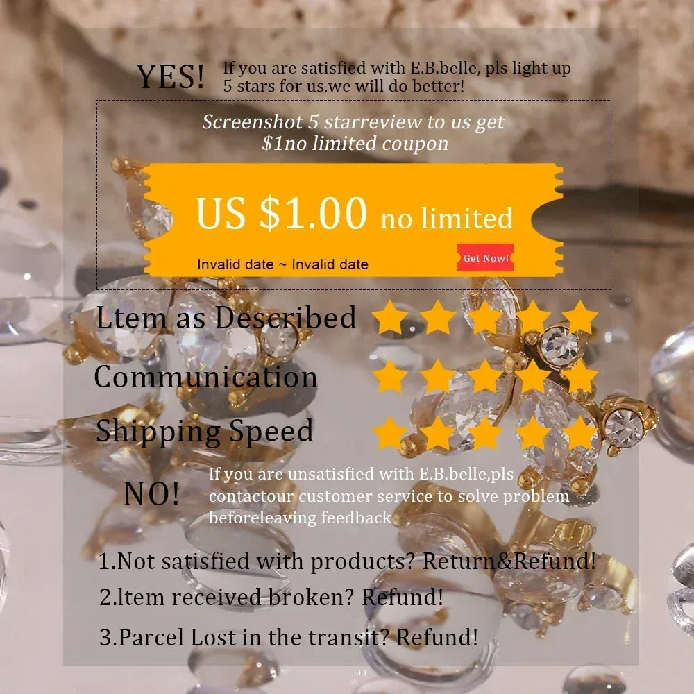 E.B.belle New White Rhinestone Crown Ring Tarnish Free Hypollergenic Stainless Steel Jewelry 18k Gold Plated For Women Girls