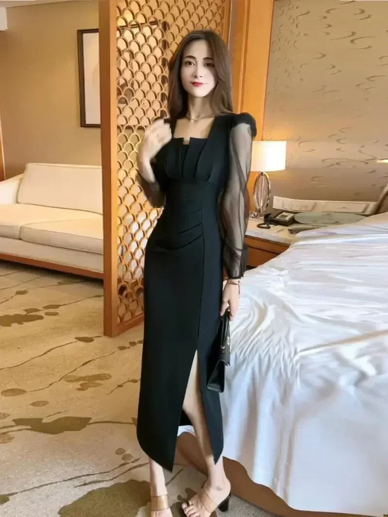 Gentle Temperament Slim Fit Dress with Women's Sleeves Square Neckline Pleated Solid Color Slimming Effect Medium Length Skirt