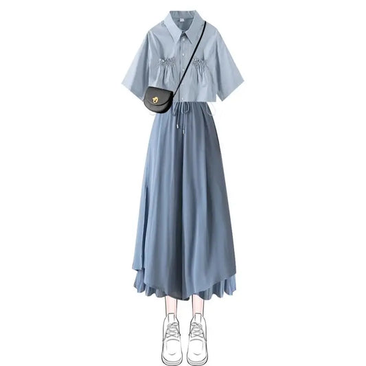 Summer Pantskirt Set for Female Korean Style Loose Short Sleeve Shirt+Casual Wide Leg Pants Fashion Two Piece Sets Women Outfits