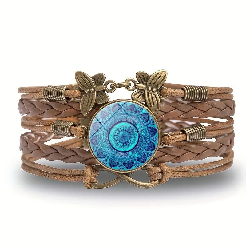 Classic Mandala Butterfly Infinity Charm Bracelet Vintage Multilayer Brown Woven Leather Bracelets For Women Men