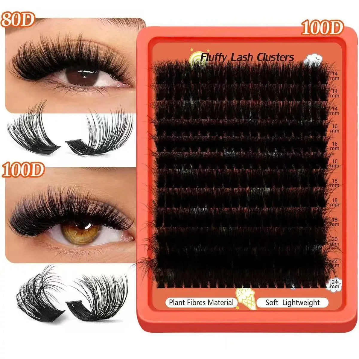 Beginner Friendly 80D-100D Fluffy 8D D Curl Lash Clusters 0.07mm 14-22mm Easy DIY At Home Self-Graft Eyelashes