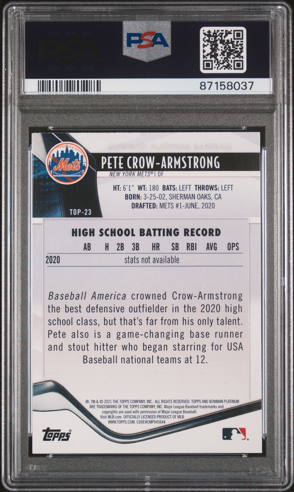 Graded 2021 Topps Bowman Platinum Pete Crow Armstrong #TOP23 Top Prospects Ice Foil Baseball Card PSA 10 Gem Mint