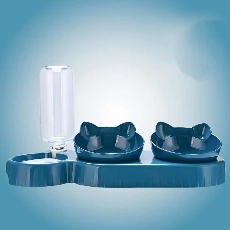 Three In One Cat Feeding Station, Durable Plastic Food And Water Bowls, Cute Cat Ear Design, Suitable For Two Cats To Eat
