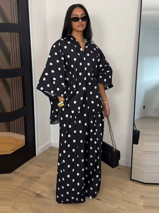 2026 Autumn Summer Polka Dot Shirt Pants Women Set Elegant Lapel Three Quarter Top Wide Leg Trousers Vacation Lady Outfit Suits