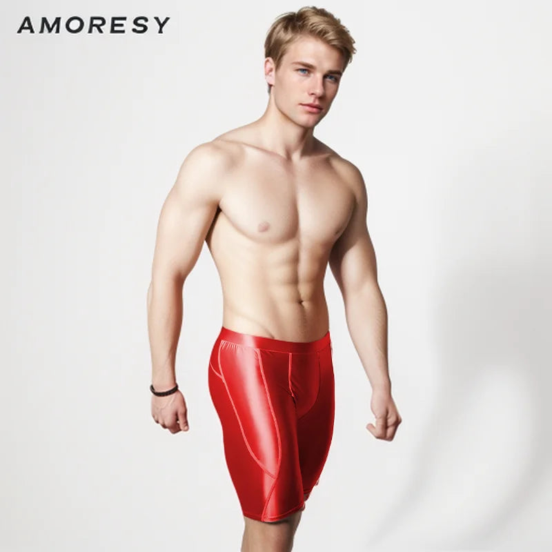 AMORESY Men's Sexy Smooth Shiny Medium Waist Sportswear Elastic Tights Silk Pants Running Sports Breathable Fitness Beach Shorts