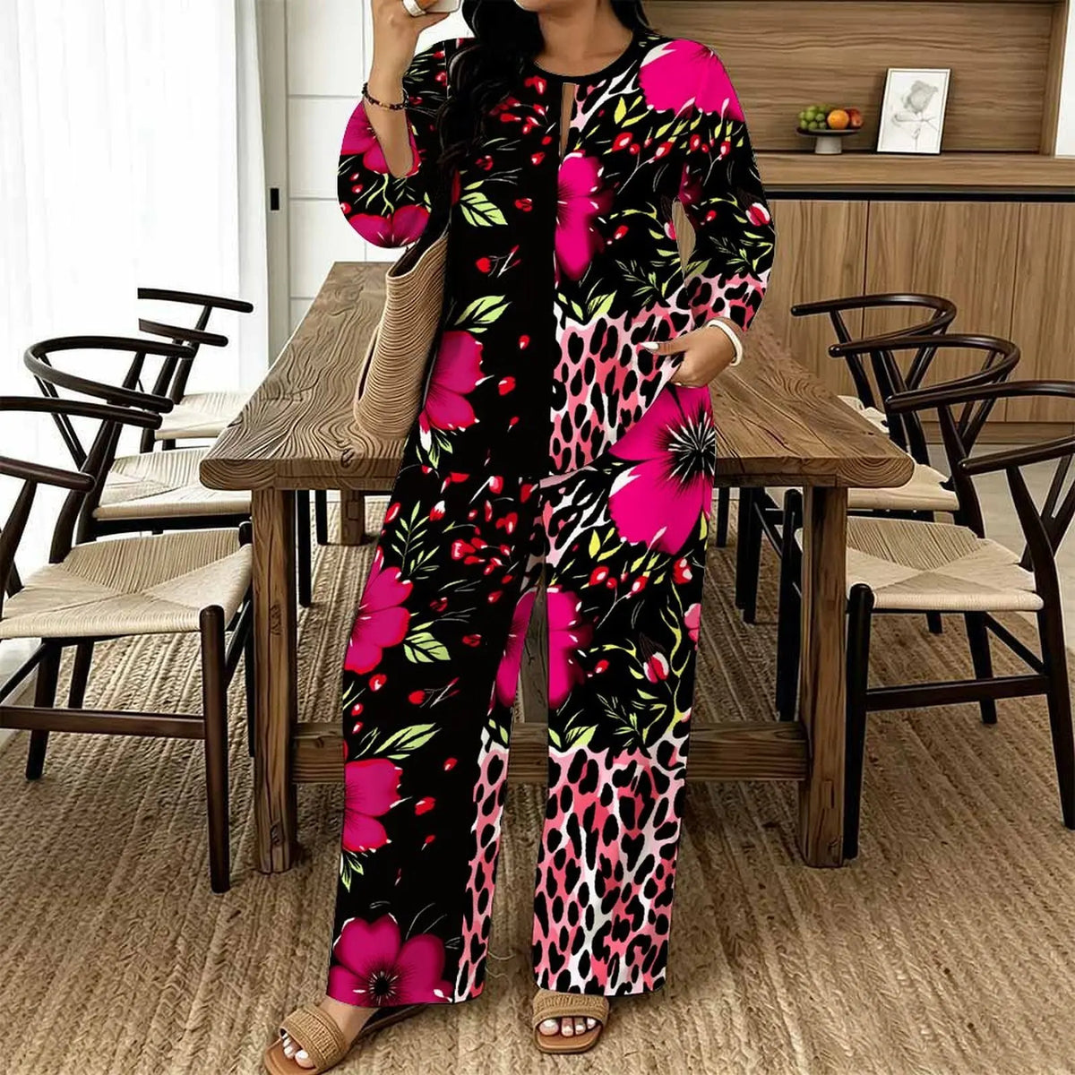 Women Spring/summer Fashion Print Two Piece Set Exercise Round Neck T-shirt Casual Vacation Sweatpants