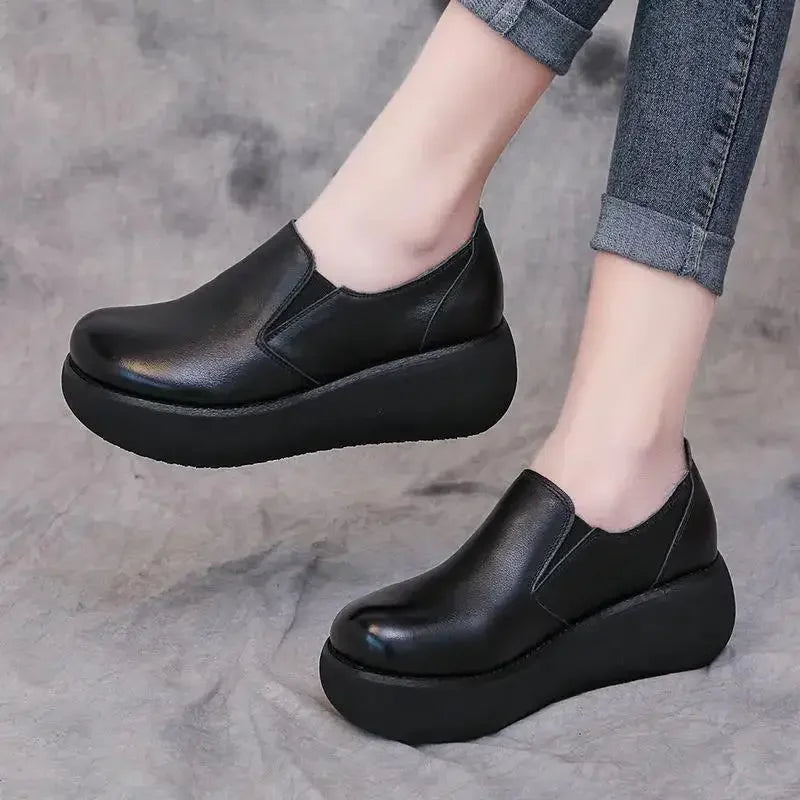 Leather Wedges Shoes Loafer Round Toe Platform Pumps Slip on Leisure