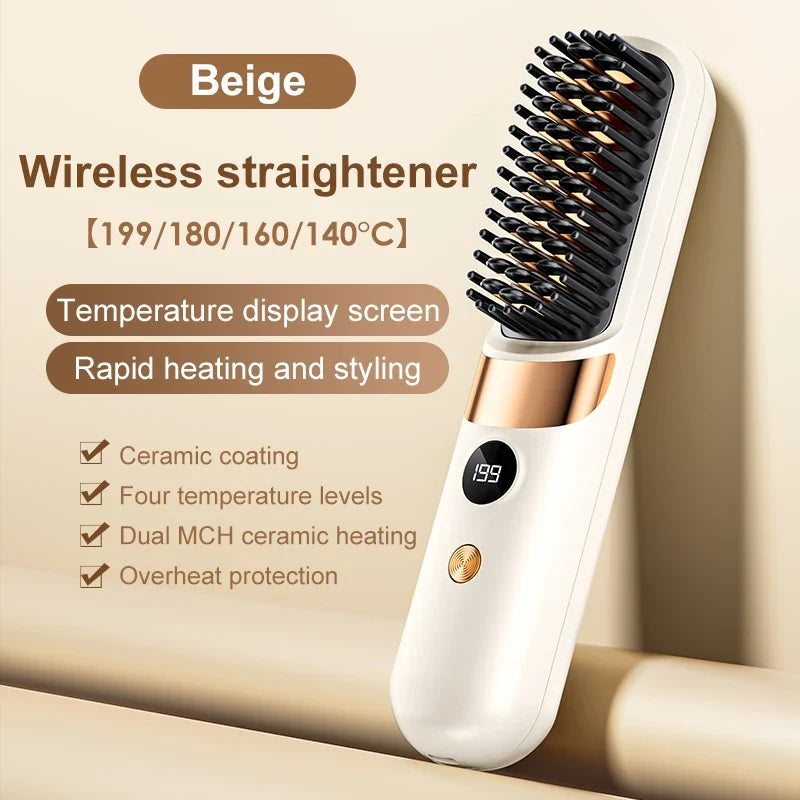 Electric Hair Straightener Brush Rechargeable Ceramic Styling Comb with Temperature Display for Women Daily Care