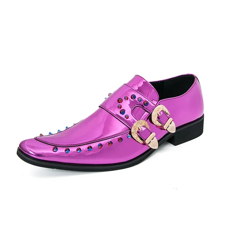 New Gold Men Dress Shoes Rivet Breathable Square Toe Double Buckle