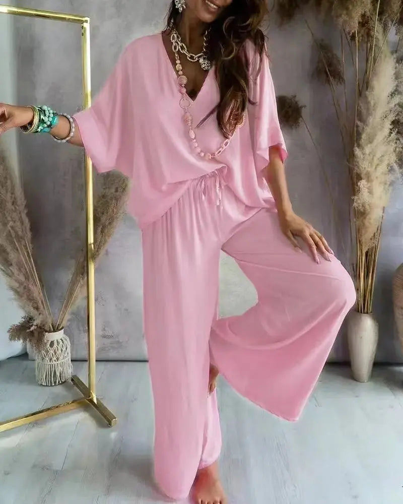 Summer Casual Loose Two Piece Set Women Fashion V-neck Pants Sets Women Elegant Batwing Sleeve Homewear Outfits 2 Piece Sets
