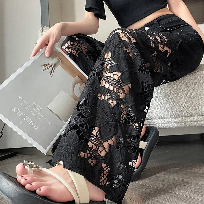 Y2k Women's cute jeans High Leg Waisted Wide 2025 Spring Summer Fashion Hollow Lace Patchwork Denim Pants