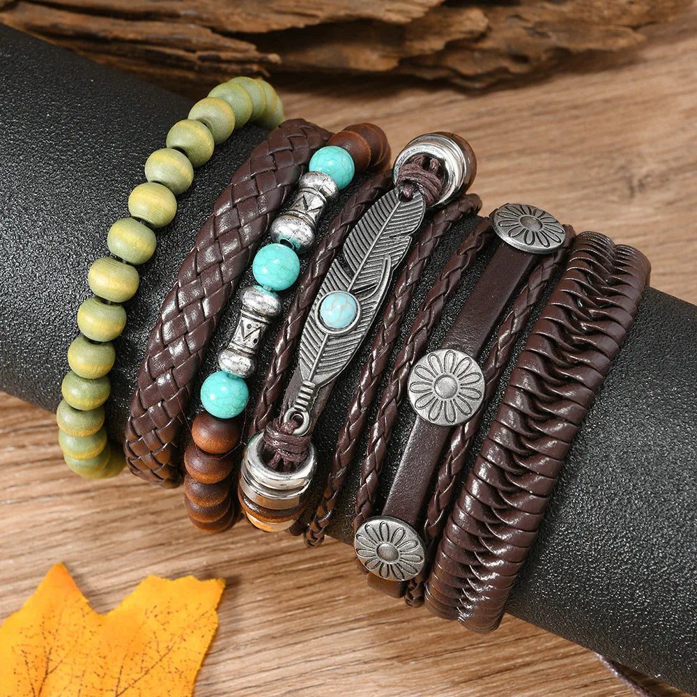 Bohemia Turquoise Ethnic Men’s Leather Bracelets Vintage Multi Layer Flower Leaves Wooden Beads Braided Leather Bracelets