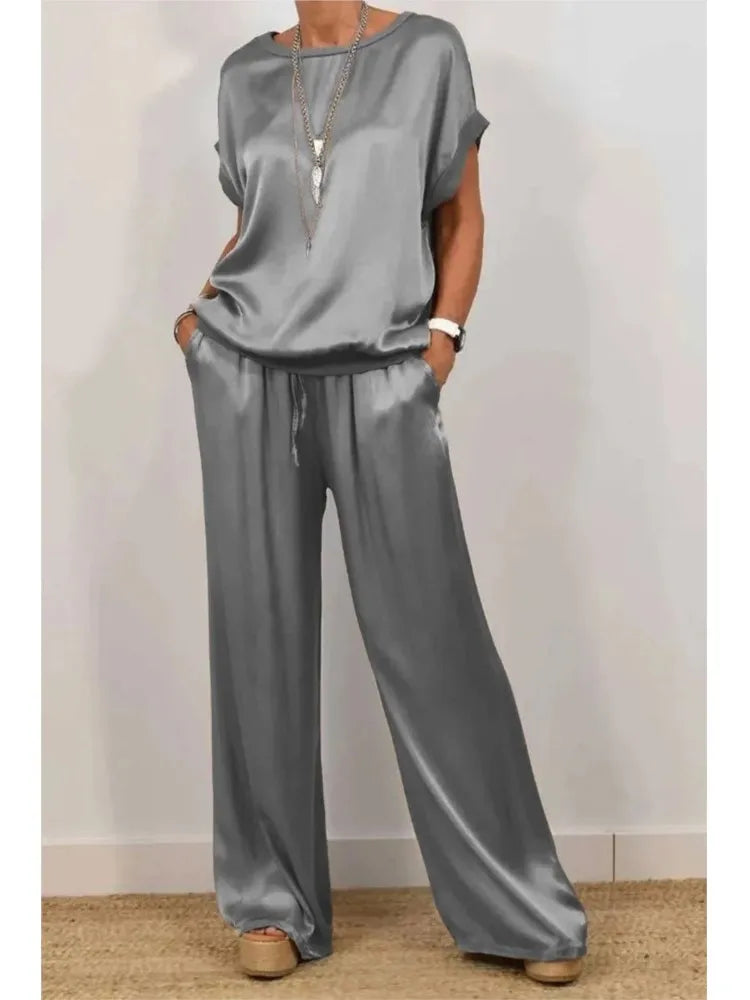 2-Piece Set Fashion Satin O Neck T-Shirt Top Trousers Summer Retro