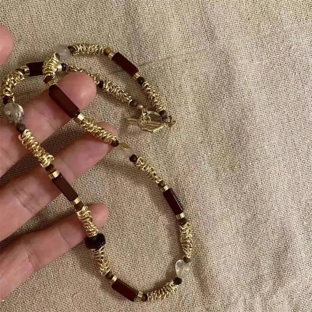 Autumn and Winter New Natural Stone Metal Splicing Bead Necklace for Women Double-layer Layered Collarbone Chain
