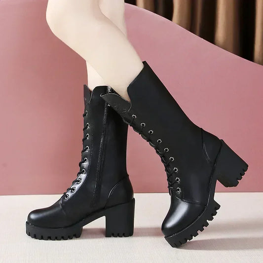 Winter Women's Boots 2025 New Thick Heel Lace-up Boots Fashion Platform Women Shoes Zipper Round Head Women's Boots for Autumn