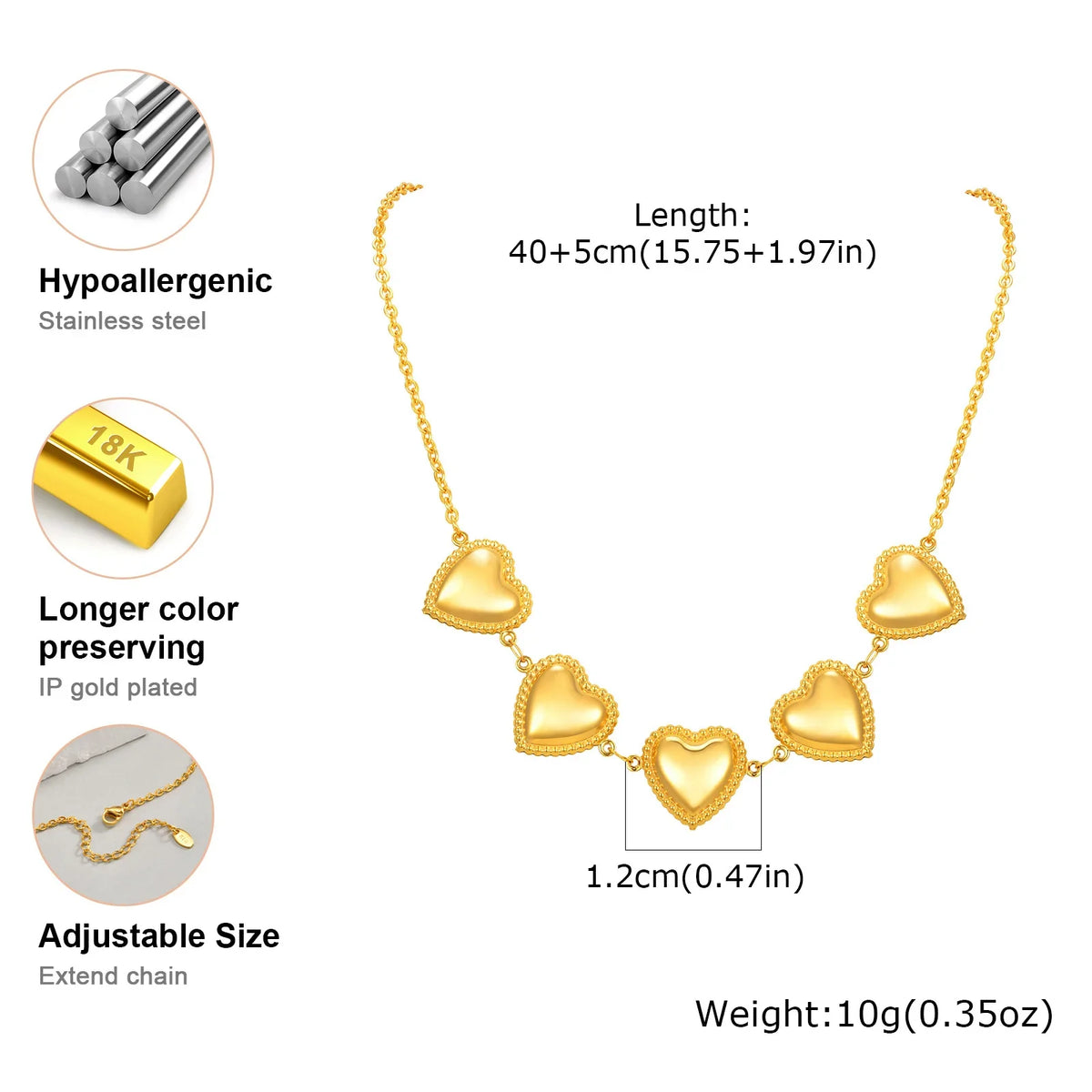 Waterproof Stainless Steel Heart Statement Necklace for Women, Non Tarnish 18k Gold Plated Party Jewelry