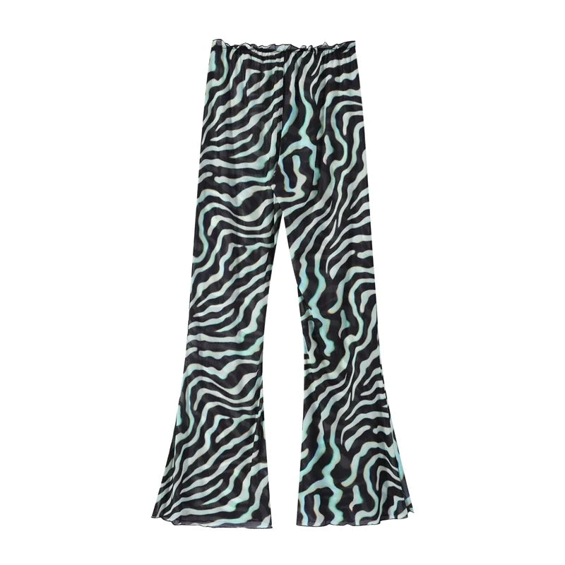 Beach Print Top Pants Women Set Sexy Sling V-Neck Long Blouse Wide Leg