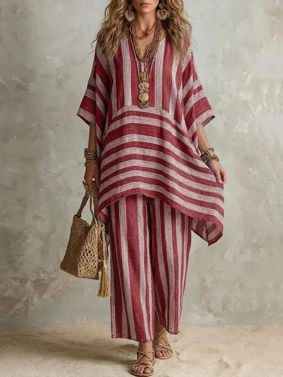 New Women's Two Piece Spring/summer Fashion V-Neck Loose Striped