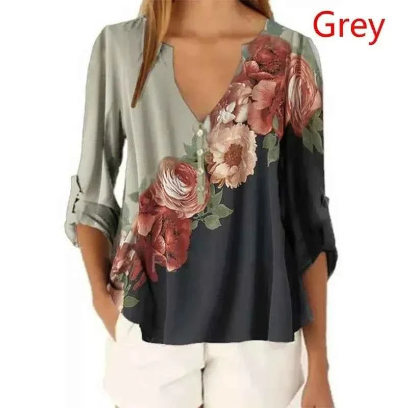 Summer Floral V-Neck 3/4 Sleeve Loose T-Shirt