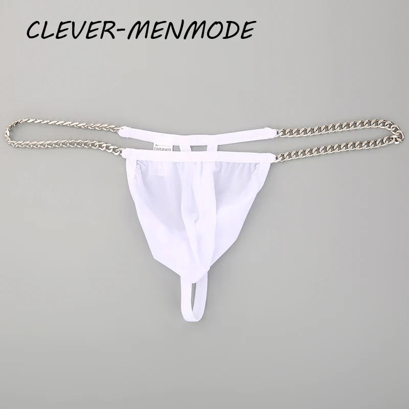 Men's Sexy Ultra Thin Low Rise High Slit Thong Metal Chain Low Rise G String Briefs Exotic Mini Micro Panties 18+ Adult Lingerie