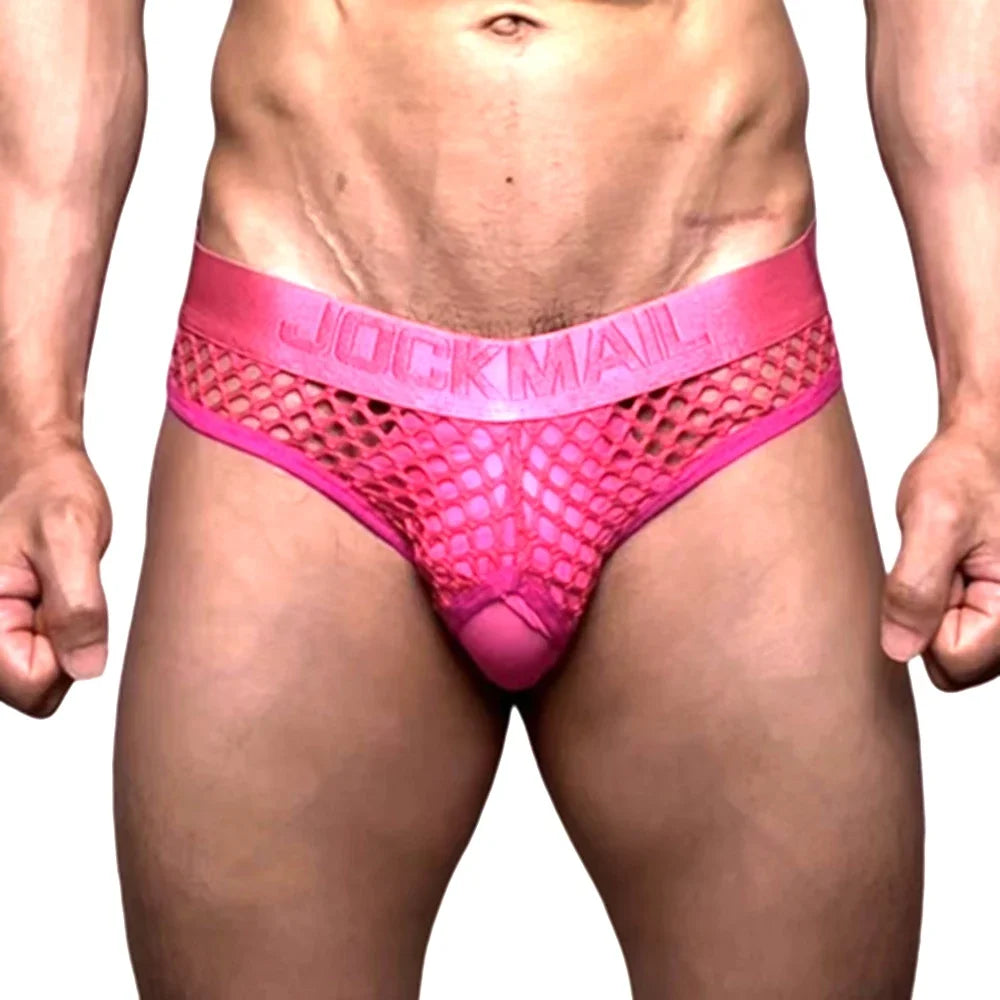 Mens Slip Bikini Jockstrap Briefs Mens Panties Sexy Fishnets Hole Transparent Mesh Ice Silk Men Underwear Sissy Men Underpants
