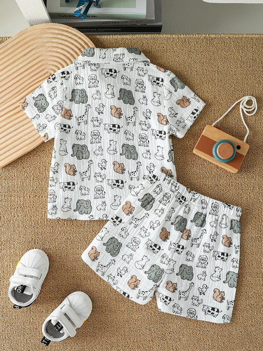 New Summer Dinosaur Cartoon Printed Short-Sleeved T-Shirt and Shorts
