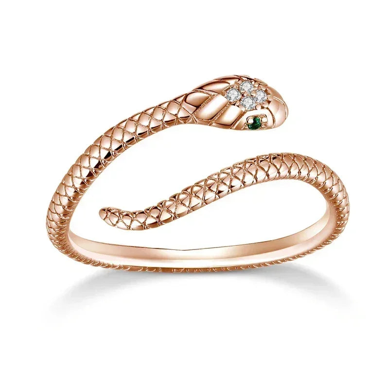BAMOER 925 Sterling Silver Platinum Plated Adjustable Ring, Green Zircon Retro Textures Snake Ring Fashion Jewelry 4 Colors