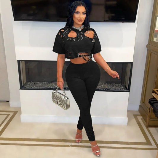 Women's Fashion White Two Piece Set Solid Loose Round Neck Piercing Pin Short T-shirt Pants 2026 Spring/Summer Set Red Black