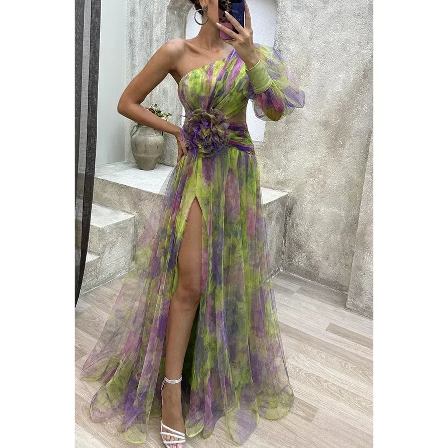 Elegant Oblique Shoulder Single-sleeve Zipper High Slit Mesh Long Dress For Women Fashion Flower Decoration Party Dress Female